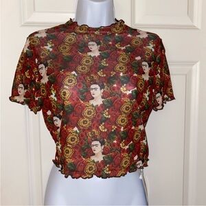 Frida Kahlo Print Blouse with Ruffled Sleeves and Waistband. NWT